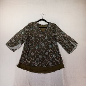 Timeson Top Womens Size XL Floral Sheer Mesh Lined Colorful Peasant Nature